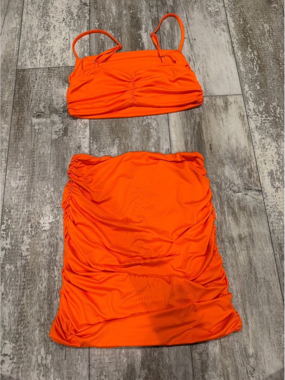 Orange L Ruched Swim Crop Top Midi Skirt Set Y2K Vacation